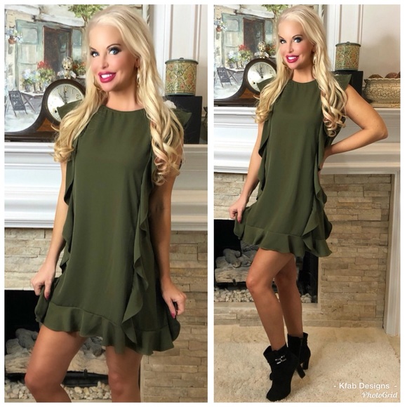 ❤️LAST! Olive Lined Cascading Ruffle Shift Dress! - Picture 2 of 7